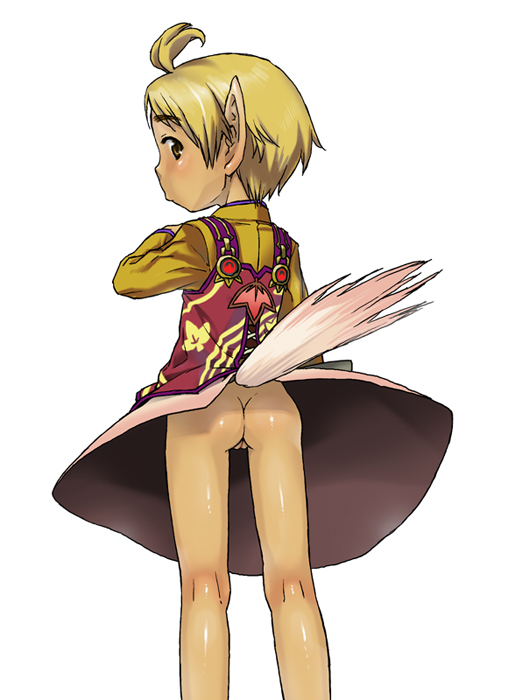 wamusato, wamusato haru, phantasy star, phantasy star universe, bad id, bad pixiv id, 1girl, ahoge, ass, back, bare legs, blonde hair, clothes lift, dress, female focus, from behind, hand on own chest, kneepits, loli, long sleeves, looking back, no panties, pointy ears, pussy, short hair, simple background, skirt, skirt lift, solo, standing, tail, trefoil, uncensored, white background, yellow eyes