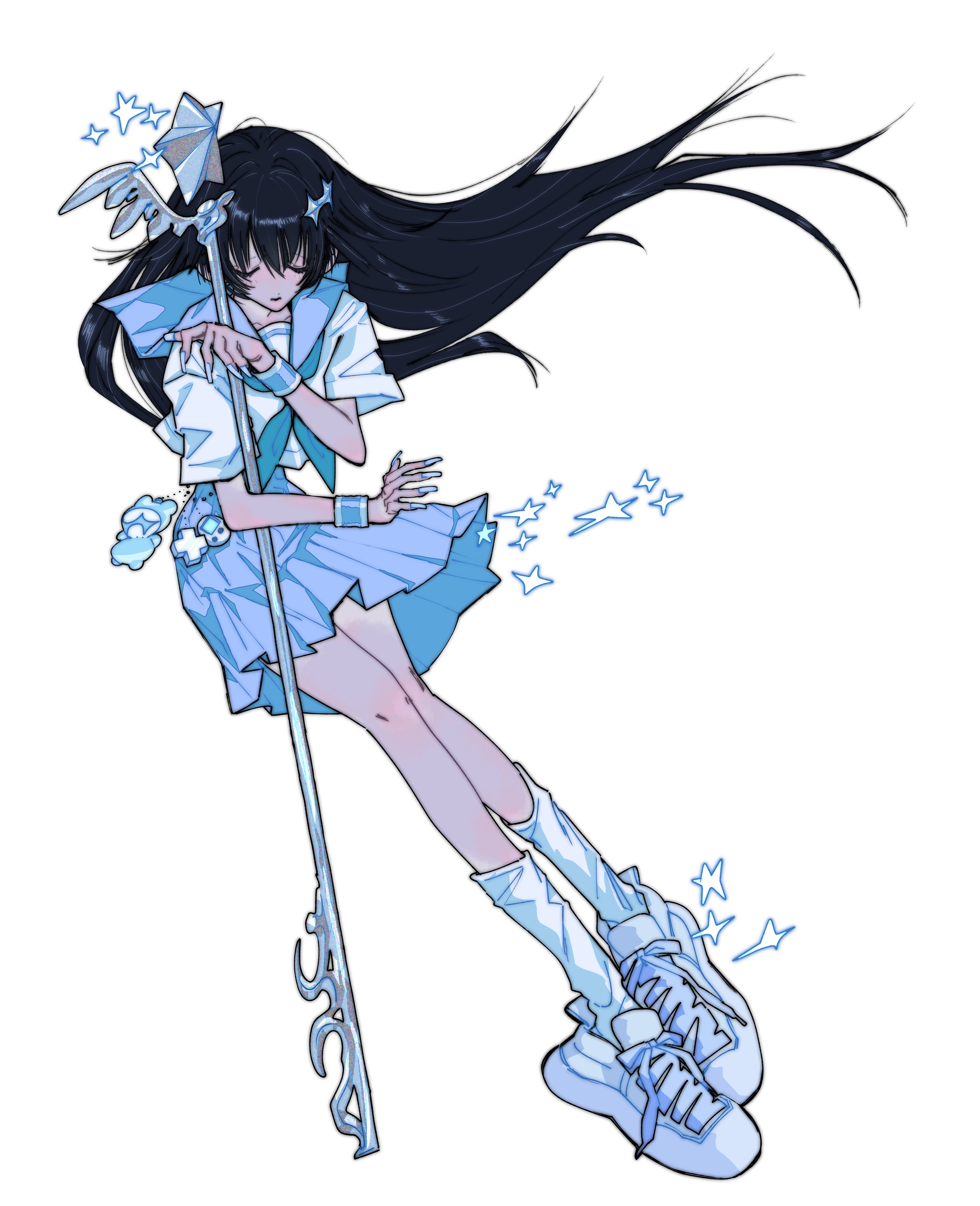 yosh1to, original, absurdres, commentary request, highres, 1girl, black hair, blue theme, closed eyes, fingernails, full body, holding, holding staff, long fingernails, nail polish, neckerchief, pleated skirt, school uniform, serafuku, shoes, short hair, short sleeves, skirt, sneakers, socks, solo, staff, star (symbol), tamagotchi (virtual pet), very short hair, virtual pet (toy), wrist cuffs