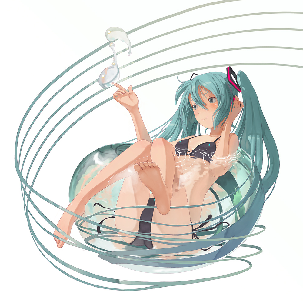 mars (artist), shizuma yoshinori, hatsune miku, vocaloid, 1girl, aqua hair, barefoot, bikini, black bikini, blush, feet, female focus, full body, legs, long hair, side-tie bikini bottom, soles, solo, swimsuit, twintails, very long hair, water