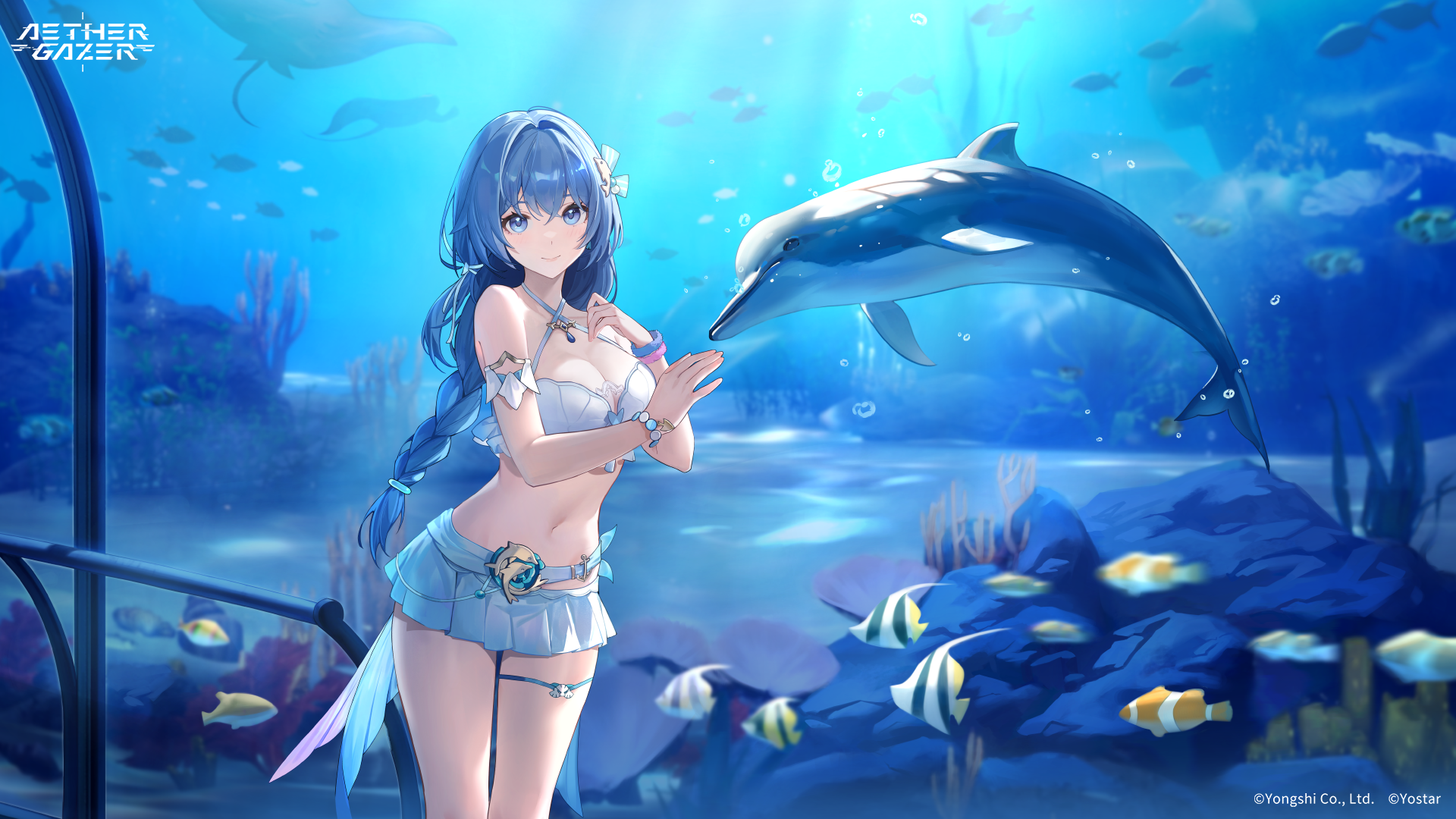 aether gazer, artist request, character request, highres, official art, second-party source, 1girl, aquarium, bikini, blue eyes, blue hair, bracelet, breasts, bubble, cleavage, closed mouth, clownfish, copyright name, copyright notice, dolphin, dolphin hair ornament, fish, jewelry, long braid, long hair, manta ray, miniskirt, moorish idol, navel, pleated skirt, skirt, smile, solo, stomach, swimsuit, white bikini, white skirt