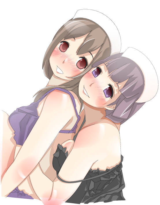 kazuha nanako, nanako (artist), bad id, bad pixiv id, 2girls, blush, breast press, breasts, brown hair, hat, hug, large breasts, multiple girls, nurse cap, purple eyes, purple hair, red eyes, short hair, smile, strap slip