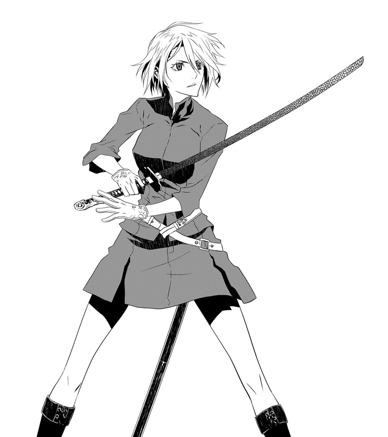 sami (object dump), fuyumine naoto, dogs: bullets & carnage, bad id, bad pixiv id, gloves, greyscale, katana, monochrome, short hair, solo, sword, weapon