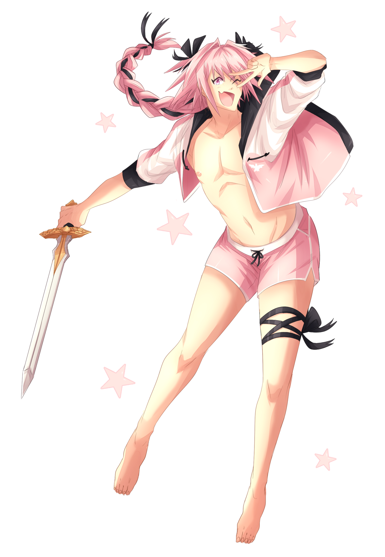 hiffuu, astolfo (fate), fate/apocrypha, fate/grand order, fate (series), highres, 1boy, androgynous, arm up, ball, beachball, black bow, black ribbon, blush, bow, braid, fang, full body, hair bow, hair intakes, hair ribbon, holding, holding sword, holding weapon, jacket, leg ribbon, long hair, male focus, male swimwear, multicolored hair, navel, nipples, one eye closed, open clothes, open jacket, pink eyes, pink hair, pink male swimwear, pink shorts, purple eyes, ribbon, ribbon braid, short shorts, shorts, simple background, single braid, skin fang, smile, solo, star (symbol), streaked hair, sword, thigh ribbon, v, v over eye, weapon, white background