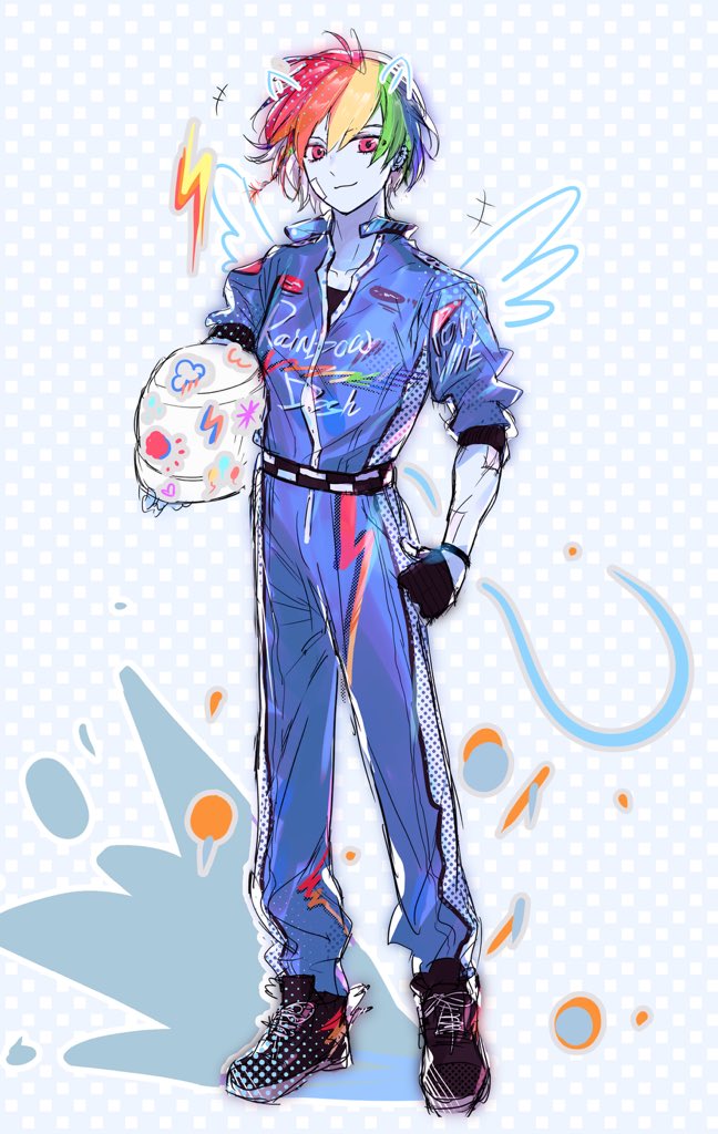 rainbow dash, my little pony, my little pony: friendship is magic, commentary, hashtag-only commentary, 1girl, bandaid, bandaid on arm, bandaid on cheek, bandaid on face, belt, blonde hair, blue hair, blue skin, character name, closed mouth, colored skin, drawn ears, drawn tail, drawn wings, ear piercing, full body, gloves, green hair, helmet, holding, holding unworn helmet, jumpsuit, konoharu 077, lightning bolt symbol, looking at another, motorcycle helmet, multicolored hair, orange hair, personification, piercing, polka dot, polka dot background, racing suit, rainbow hair, red eyes, red hair, shoes, short hair, sleeves pushed up, smile, sneakers, solo, unworn headwear, unworn helmet