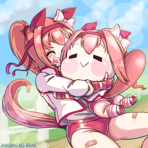 haru urara (bestest prize) (umamusume), haru urara (umamusume), umamusume, lowres, 1girl, ahowlbear, animal ears, bandaid, bandaid on leg, blush, bow, buruma, ear bow, ear covers, hairband, headband, horse ears, horse girl, horse tail, jacket, long hair, open mouth, pink buruma, pink eyes, pink hair, pink headband, ponytail, red buruma, red headband, shirt, smile, tail