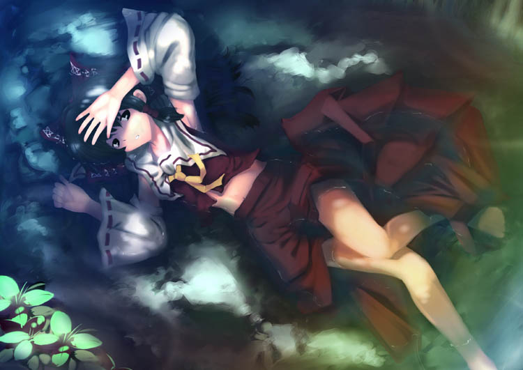ameru.miro, hakurei reimu, touhou, bad id, bad pixiv id, 1girl, black hair, detached sleeves, female focus, hair ornament, hakama, hakama skirt, japanese clothes, long hair, lying, midriff, miko, navel, on back, outdoors, red hakama, ribbon, skirt, solo, water