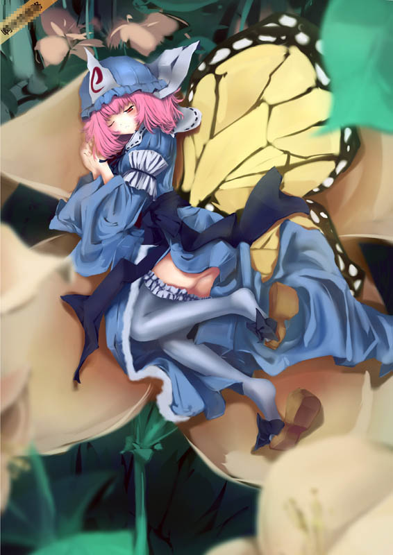 ameru.miro, saigyouji yuyuko, touhou, bad id, bad pixiv id, 1girl, dress, female focus, full body, hat, japanese clothes, kimono, nature, pink hair, plant, ribbon, shoe dangle, short hair, solo, wings