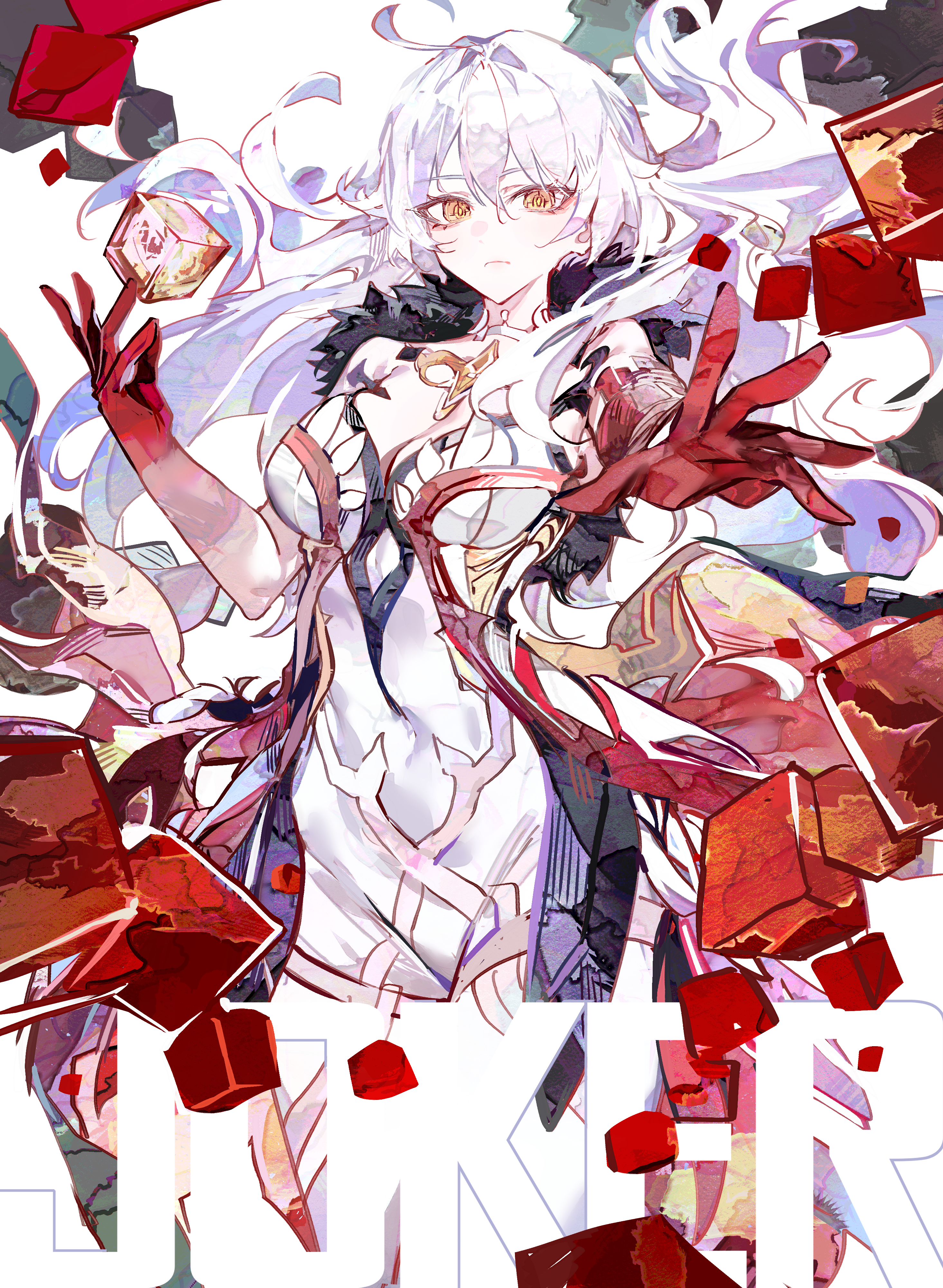 cocoballking, asmoday (genshin impact), genshin impact, absurdres, commentary, english commentary, highres, 1girl, bare shoulders, breasts, card, cleavage, closed mouth, colored extremities, cube, dress, floating hair, fur trim, hair between eyes, hand up, joker (playing card), long hair, looking at viewer, medium breasts, outstretched arm, playing card, red hands, solo, white dress, white hair, yellow eyes