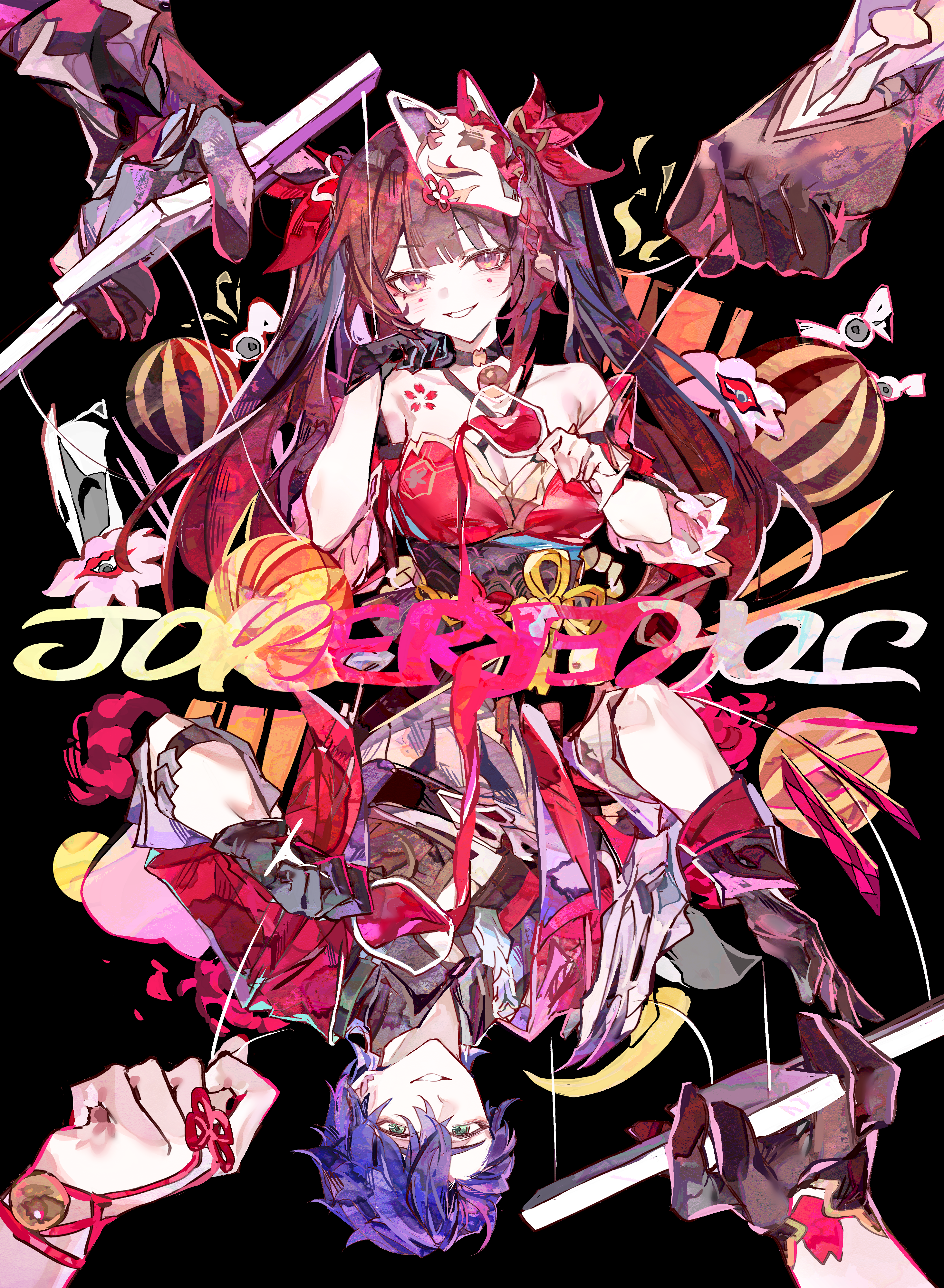 cocoballking, sampo koski, sparkle (honkai: star rail), honkai: star rail, honkai (series), absurdres, commentary, english commentary, highres, 1boy, 1girl, alcohol, bare shoulders, bell, black background, black choker, black gloves, black sash, blue hair, brown hair, butterfly-shaped pupils, choker, control bar, criss-cross halter, cup, dress, drinking glass, flower tattoo, fox mask, gloves, green eyes, grey tank top, halterneck, jacket, looking at viewer, mark under both eyes, mask, mask on head, neck bell, parted lips, pink eyes, puppet strings, red dress, red jacket, sash, simple background, single glove, smile, symbol-shaped pupils, tank top, tattoo, twintails, wine, wine glass