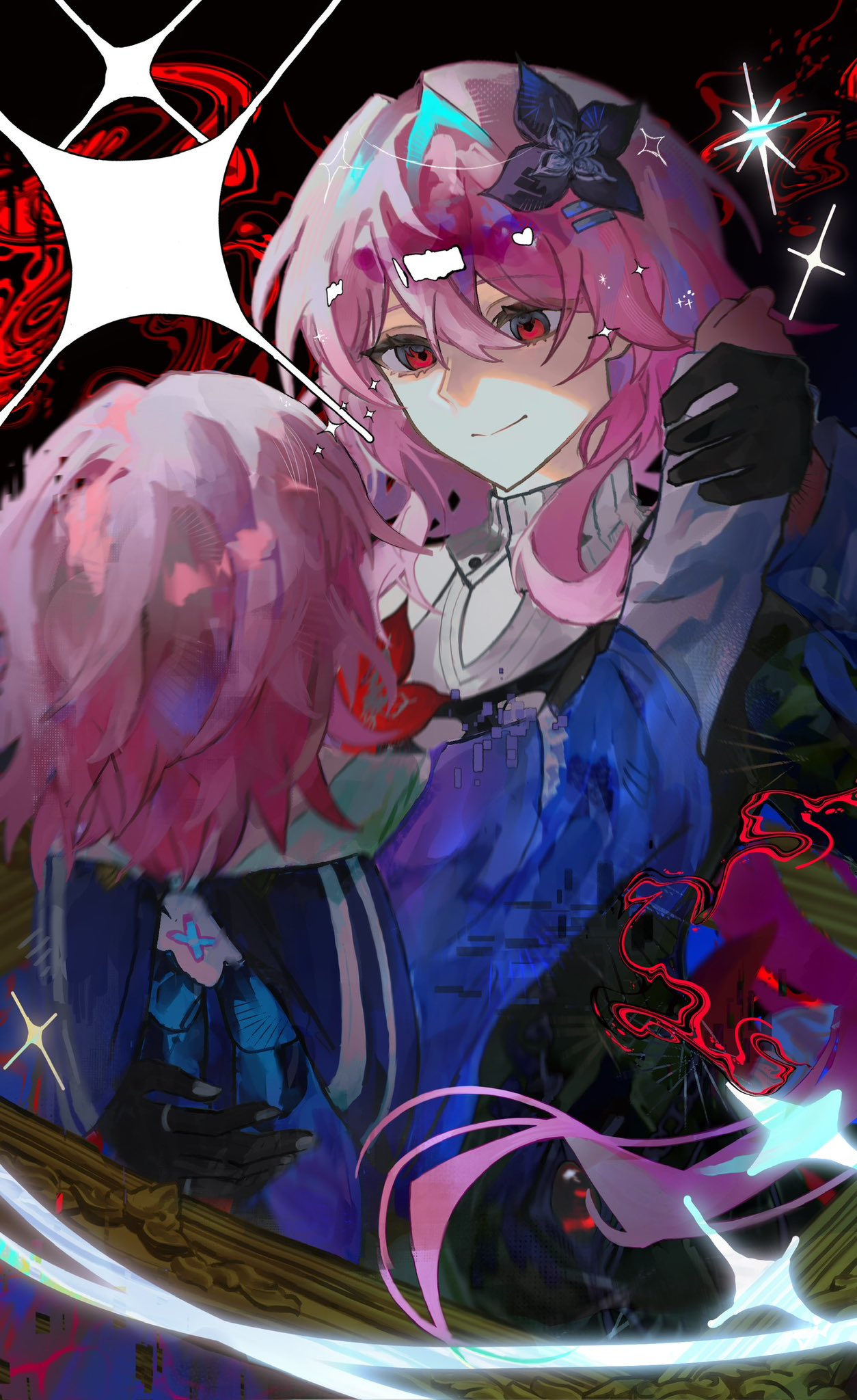 x431788, evernight (honkai: star rail), march 7th (honkai: star rail), march 7th (preservation) (honkai: star rail), honkai: star rail, honkai (series), highres, 2girls, black flower, collar, dual persona, flower, hair between eyes, hair flower, hair ornament, hairclip, jacket, light smile, long sleeves, medium hair, multicolored jacket, multiple girls, off-shoulder jacket, off shoulder, official alternate eye color, parallel hairclips, pink hair, red eyes, sparkle, striped clothes, white collar