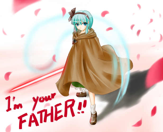eien no sai tori, konpaku youmu, konpaku youmu (ghost), star wars, touhou, silver hair, 1girl, blue eyes, cloak, energy sword, english text, female focus, hairband, hitodama, lightsaber, parody, short hair, solo, sword, weapon