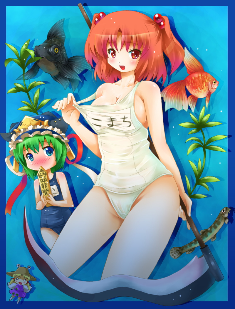michii yuuki, moriya suwako, onozuka komachi, shiki eiki, touhou, bad id, bad pixiv id, 3girls, blonde hair, blue eyes, blush, breasts, chibi, female focus, fish, gradient background, green hair, hat, multiple girls, nature, one-piece swimsuit, plant, red eyes, red hair, ribbon, rod of remorse, school swimsuit, scythe, short hair, swimsuit, underwater, white one-piece swimsuit, white school swimsuit