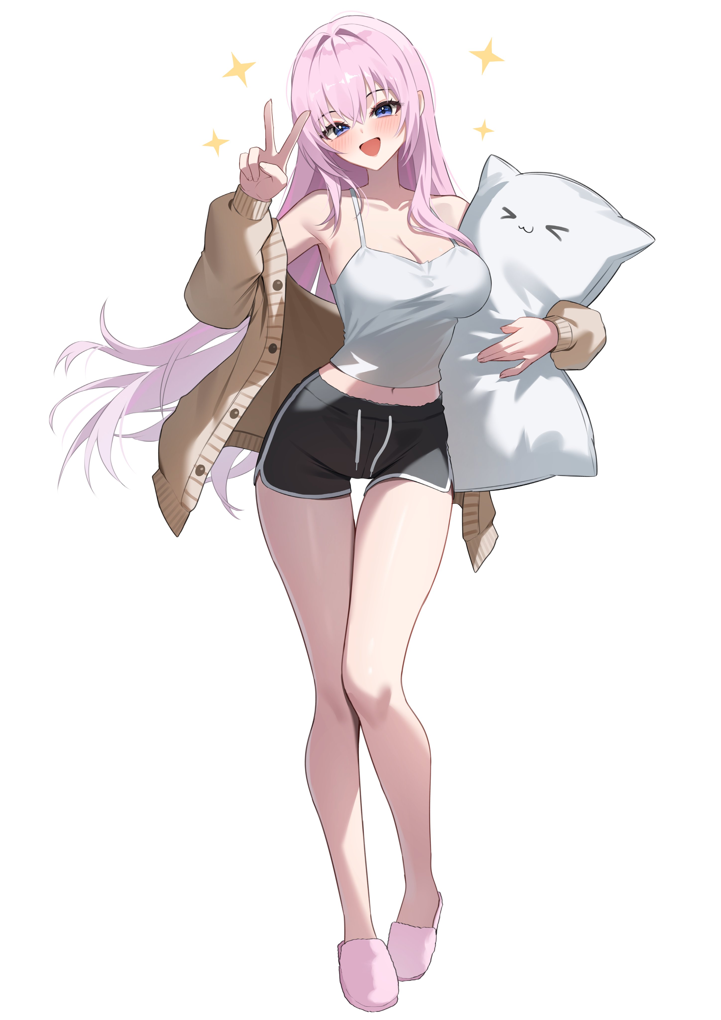 shuvi (shuvi1125), megurine luka, vocaloid, absurdres, hashtag-only commentary, highres, 1girl, armpits, bare legs, bare shoulders, black shorts, blue eyes, breasts, brown cardigan, camisole, cardigan, cleavage, collarbone, dolphin shorts, drawstring, full body, hand up, hugging object, large breasts, long hair, long sleeves, looking at viewer, midriff, navel, off shoulder, open cardigan, open clothes, open mouth, pillow, pillow hug, pink hair, shirt, short shorts, shorts, simple background, sleeveless, sleeveless shirt, slippers, smile, solo, sparkle, thighs, v, very long hair, white background, white shirt