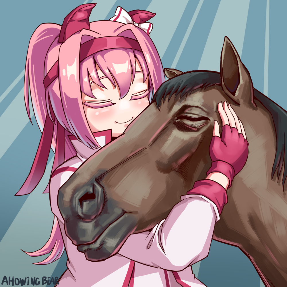 haru urara (bestest prize) (umamusume), haru urara (racehorse), haru urara (umamusume), real life, umamusume, ahowlbear, animal ears, bow, closed eyes, closed mouth, creature and personification, ear bow, ear covers, fingerless gloves, gloves, headband, horse, horse ears, horse girl, horse tail, personification, pink hair, pink headband, red gloves, red headband, tail