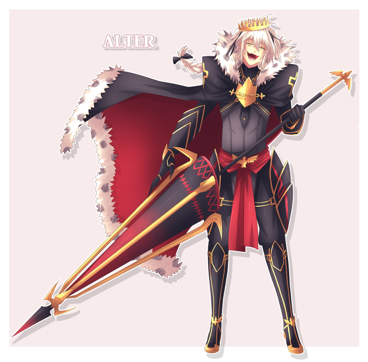 hiffuu, astolfo (fate), fate/apocrypha, fate/grand order, fate (series), highres, 1boy, alter servant, black cape, black hair, braid, cape, crown, fang, full body, fur-trimmed cape, fur trim, gauntlets, gold crown, gorget, grey sweater, hair intakes, holding, holding polearm, holding weapon, lance, male focus, multicolored hair, open mouth, polearm, red sash, sash, single braid, skin fang, smile, solo, standing, streaked hair, sweater, two-sided cape, two-sided fabric, weapon, white hair, yellow eyes