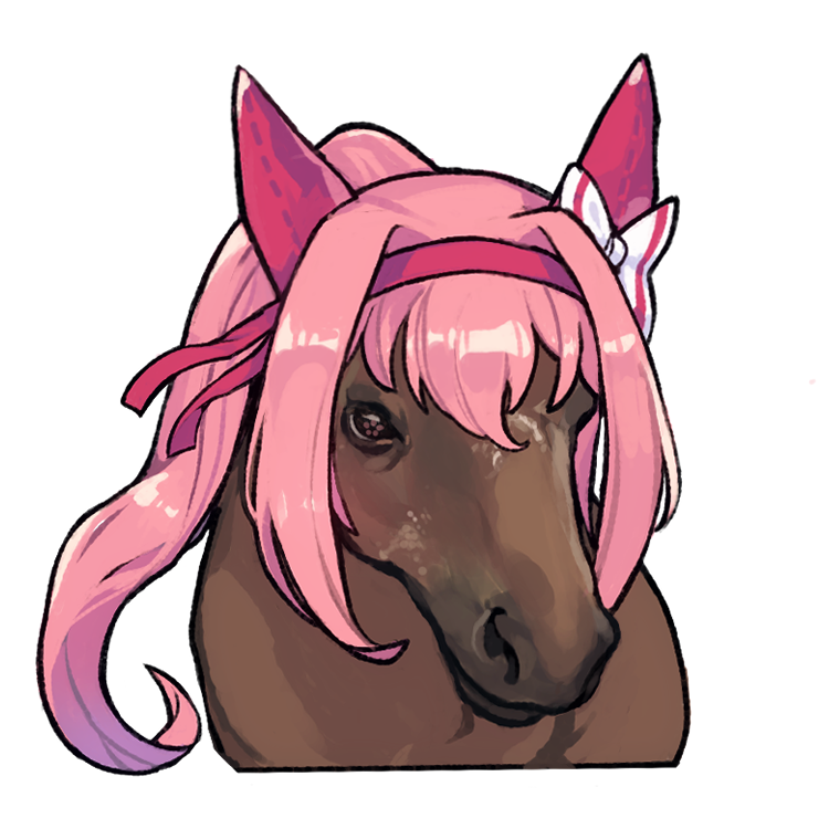 lili (lilistration), haru urara (umamusume), umamusume, commentary, english commentary, animal, animal focus, animalization, bow, ear bow, ear covers, hairband, horse, long hair, no humans, pink hair, ponytail
