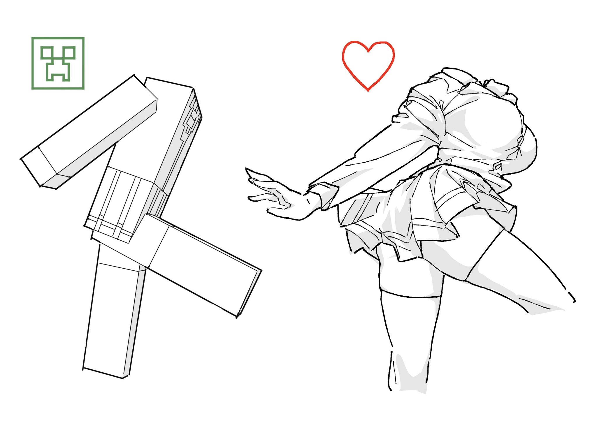 oekakiism, minecraft, original, alt text, commentary, english commentary, highres, 1girl, breasts, collared shirt, cropped head, cropped legs, greyscale, guide, heart, large breasts, long sleeves, miniskirt, monochrome, multiple views, pleated skirt, shirt, sketch, skirt, thighhighs, zettai ryouiki