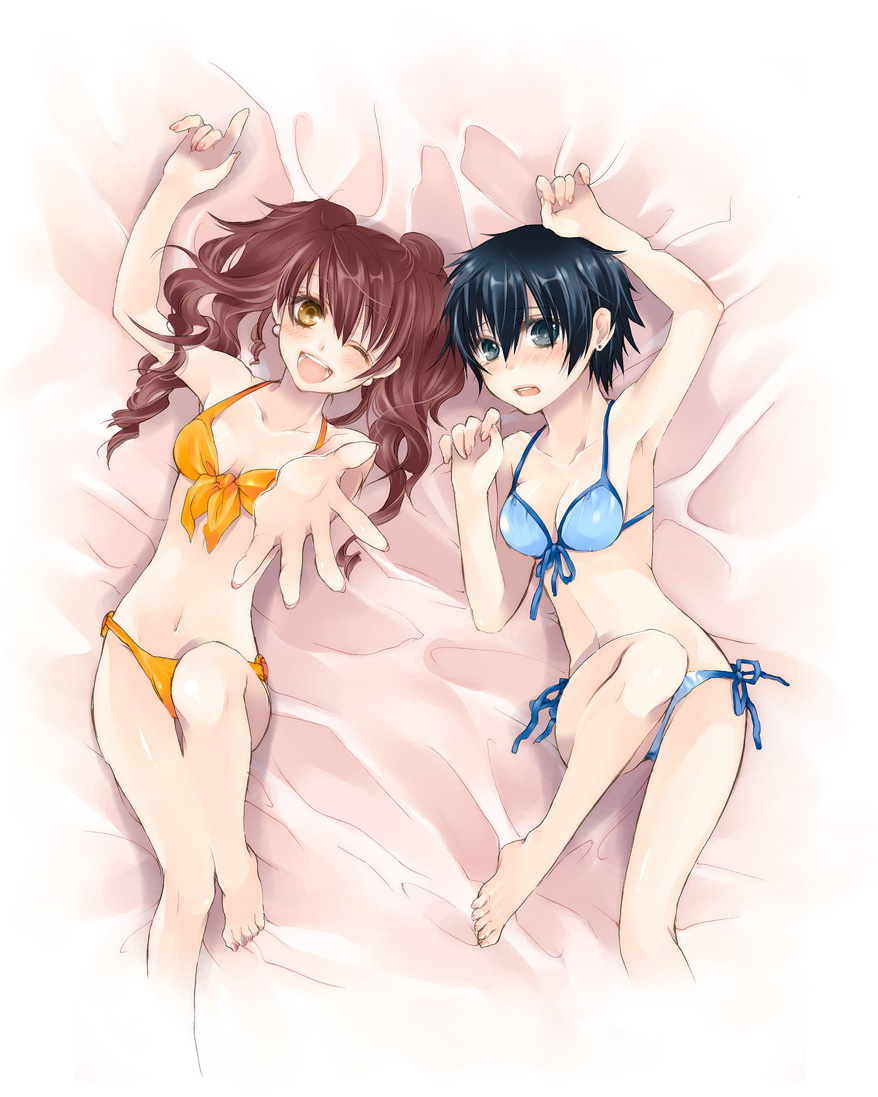 tnko (pixiv65974), toriniku (suikyou), kujikawa rise, shirogane naoto, atlus, persona, persona 4, bad id, bad pixiv id, 2girls, bed, bikini, blue bikini, blue eyes, blue hair, blush, breasts, cleavage, earrings, from above, jewelry, lying, multiple girls, nail polish, on back, red hair, short hair, side-tie bikini bottom, string bikini, swimsuit, takatori (tnko), twintails, yellow bikini, yellow eyes