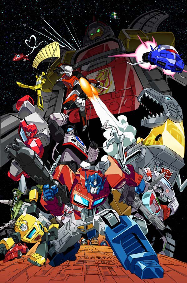 bumblebee (transformers), optimus prime, transformers, transformers: generation 1, second-party source, aircraft, airplane, akira amemiya, ambulanc, anime coloring, autobot, flying, gesture, gun, holding, holding gun, holding weapon, looking at viewer, no humans, robot, sky, standing, star (sky), starry sky, weapon