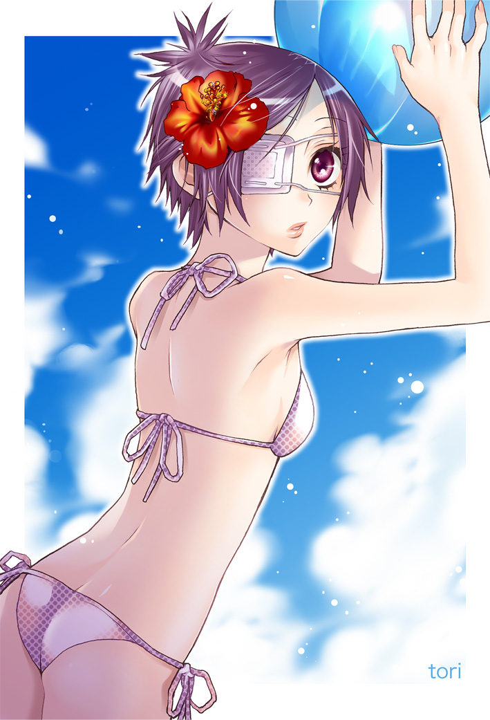 toriniku (suikyou), chrome dokuro, katekyo hitman reborn!, bad id, bad pixiv id, 00s, 1girl, bikini, eyepatch, female focus, purple eyes, purple hair, short hair, side-tie bikini bottom, solo, swimsuit, takatori (tnko)