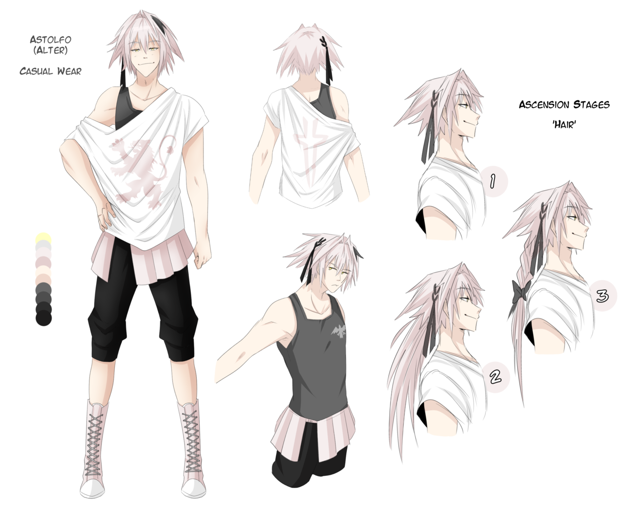 hiffuu, astolfo (fate), fate/apocrypha, fate/grand order, fate (series), 1boy, alter servant, alternate form, black hair, black shorts, black tank top, blush, boots, braid, collarbone, color guide, fang, hair intakes, hair ribbon, lace-up boots, long hair, male focus, multicolored hair, off-shoulder shirt, off shoulder, open mouth, ribbon, shirt, shorts, single braid, skin fang, smile, solo, streaked hair, tank top, white hair, white shirt, yellow eyes
