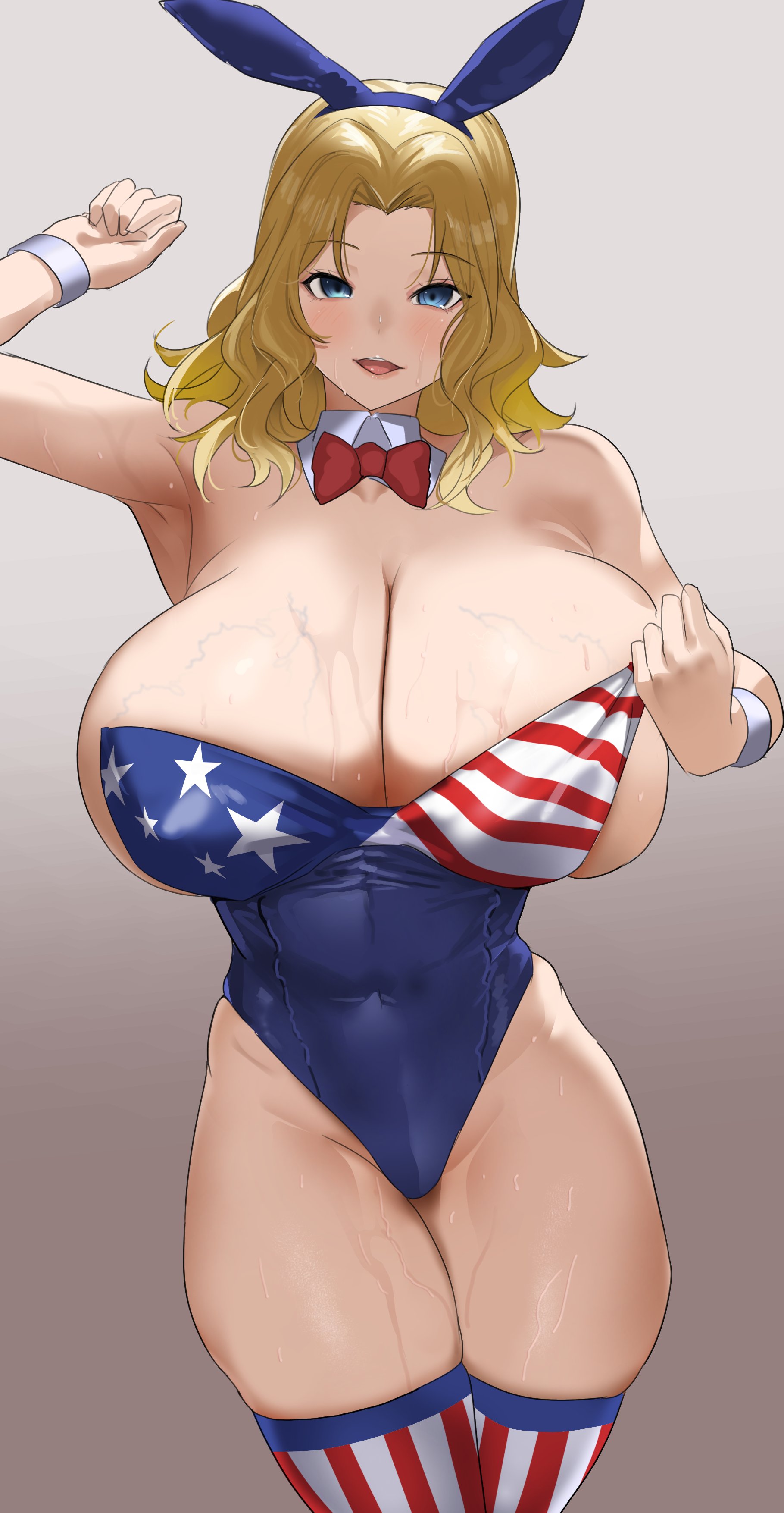 absurdres, highres, 1girl, american flag, american flag print, blonde hair, breasts, flag print, huge breasts