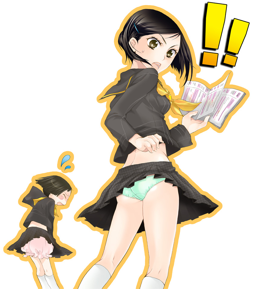 toriniku (suikyou), matsunaga ayane, ozawa yumi, atlus, megami tensei, persona, persona 4, shin megami tensei, bad id, bad pixiv id, !, !!, 2girls, black hair, bloomers, brown eyes, kneehighs, multiple girls, panties, school uniform, serafuku, short hair, skirt, socks, takatori (tnko), underwear, wind, wind lift