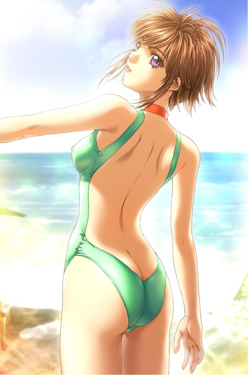 nakamura nishiki, mikami yuuki (sodom no shima), sodom no shima, sodom no shima: night of blind, game cg, highres, 1girl, ass, back, beach, breasts, brown hair, butt crack, choker, cloud, collar, covered erect nipples, day, female focus, from behind, lipstick, looking back, makeup, one-piece swimsuit, outdoors, purple eyes, short hair, sky, small breasts, solo, swimsuit, water