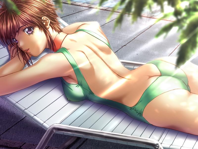 nakamura nishiki, mikami yuuki, mikami yuuki (sodom no shima), sodom no shima, sodom no shima: night of blind, game cg, 1girl, ass, back, backless outfit, bare back, breasts, brown hair, butt crack, chair, choker, collar, covered erect nipples, day, female focus, leaf, light rays, looking at viewer, looking back, lounge chair, lying, medium breasts, on stomach, one-piece swimsuit, outdoors, parted lips, pool, poolside, purple eyes, short hair, smile, solo, sunbathing, sunbeam, sunlight, swimsuit