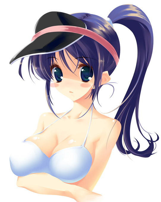 ikasoumen riku, breast hold, visor, 1girl, bikini, blue hair, breasts, cleavage, female focus, large breasts, ponytail, purple hair, solo, swimsuit, visor cap