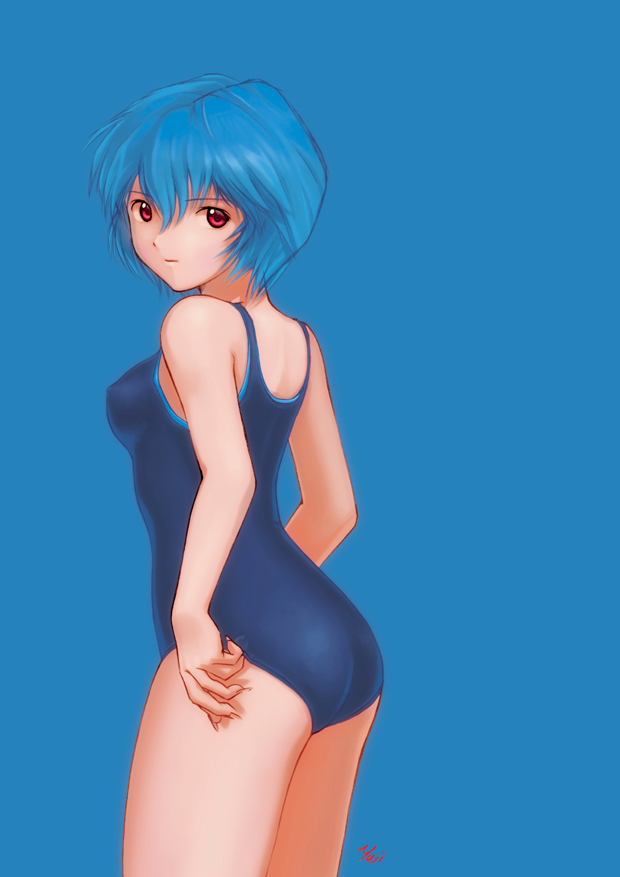 kobayashi yuji, ayanami rei, neon genesis evangelion, 1girl, blue hair, female focus, one-piece swimsuit, red eyes, short hair, signature, solo, swimsuit
