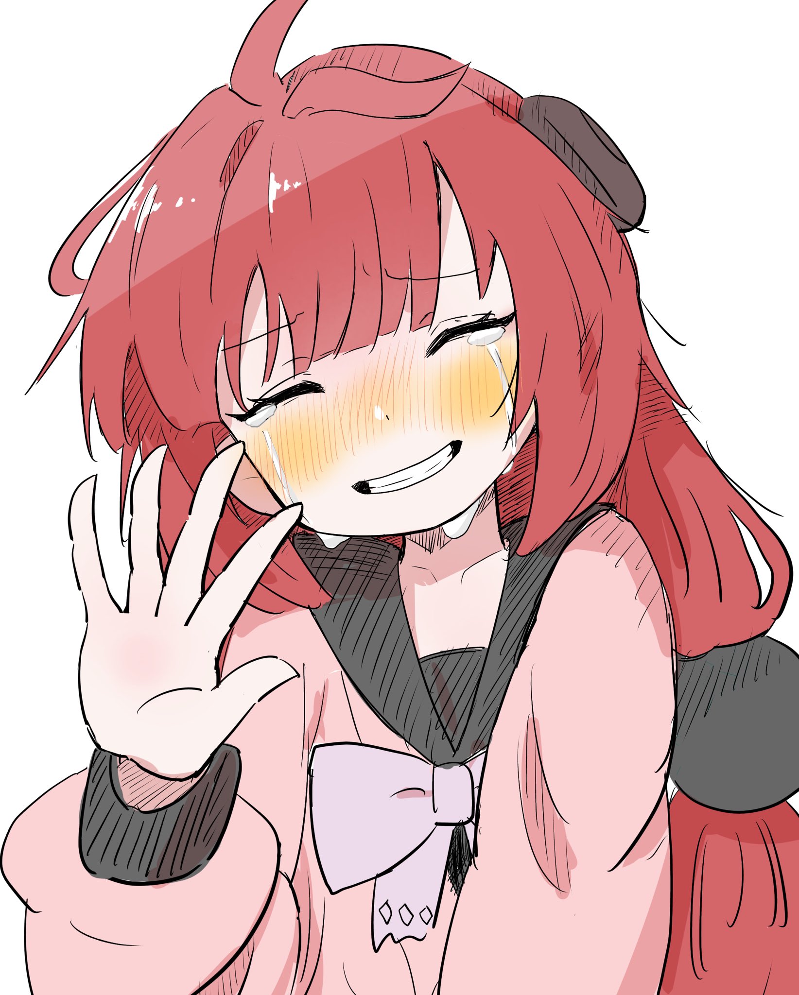 kesiutu, ukinami yuzuha, zenless zone zero, highres, 1girl, braid, breasts, cardigan, green eyes, hair ornament, hearing aid, long hair, looking at viewer, red hair, smile, solo, sphere hair ornament, thigh strap, twin braids, twintails, very long hair