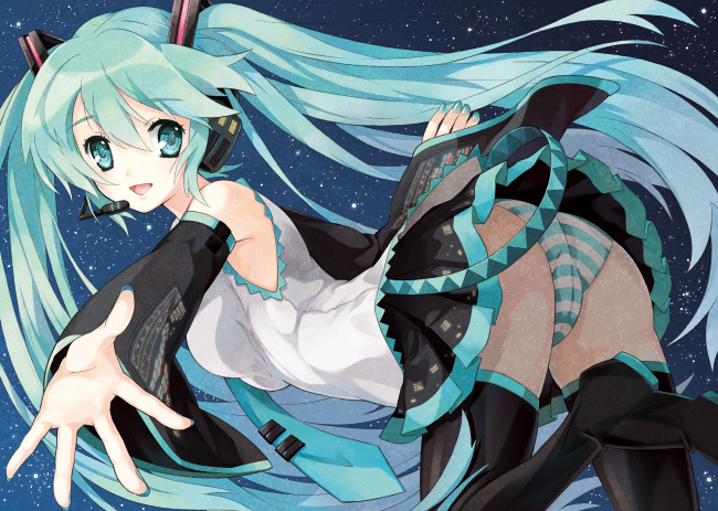 mottsun, mottun (pixiv), hatsune miku, vocaloid, bad id, bad pixiv id, 1girl, aqua eyes, aqua hair, ass, detached sleeves, female focus, headphones, long hair, looking at viewer, microphone, open mouth, outstretched hand, panties, pantyshot, skirt, smile, solo, striped clothes, striped panties, thighhighs, twintails, underwear, upskirt, zettai ryouiki