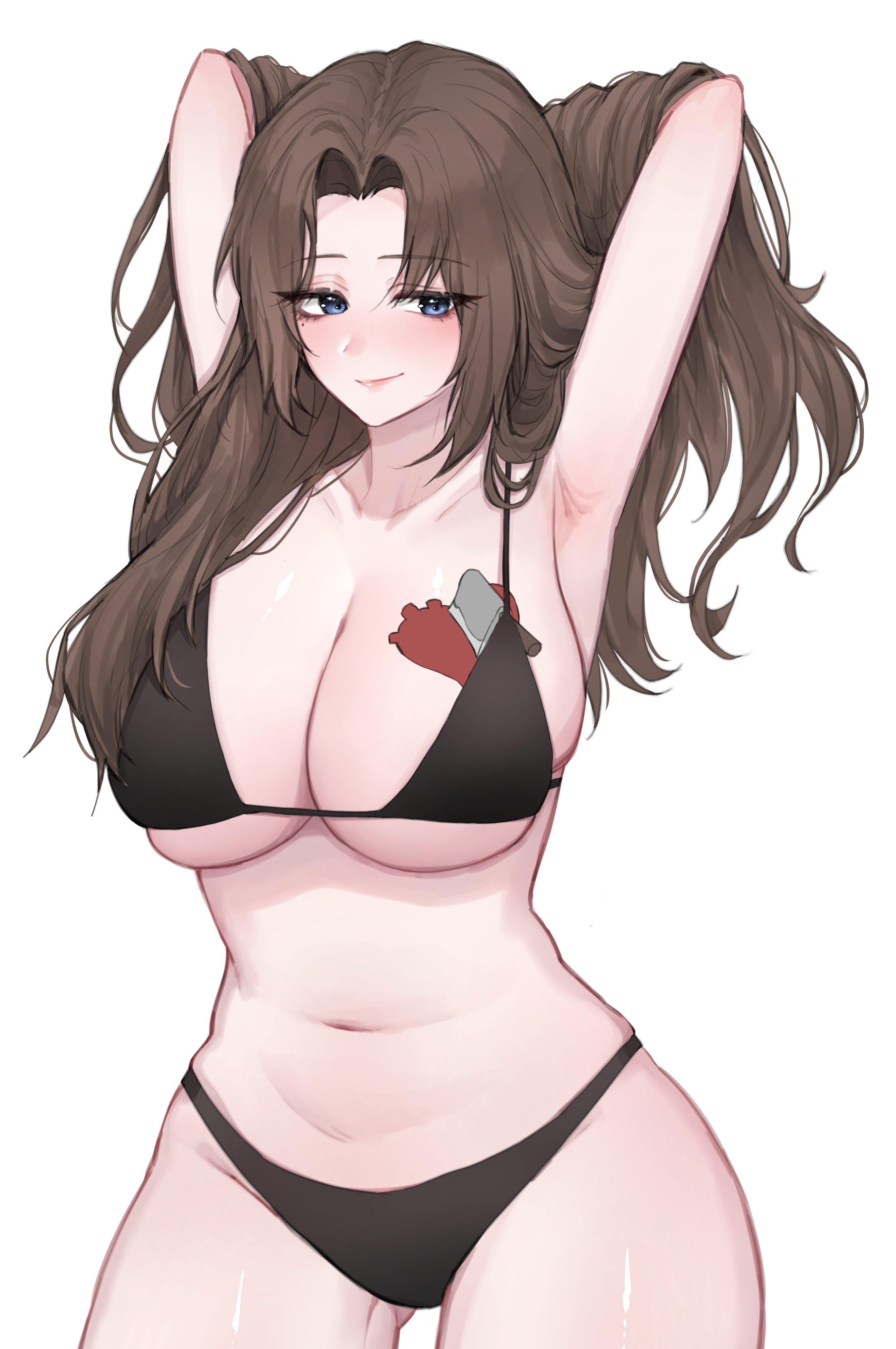 sipyung, rodion (project moon), limbus company, project moon, absurdres, highres, armpits, bikini, black bikini, blue eyes, breasts, brown hair, hands in own hair, hands up, large breasts, long hair, looking down, looking to the side, skindentation, swimsuit, tattoo, thighs