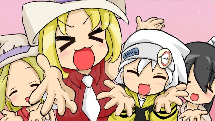 elizabeth thompson, nakatsukasa tsubaki, patricia thompson, soul evans, lucky star, motteke! serafuku, soul eater, black hair, blonde hair, hat, necktie, parody, sleeveless, sleeveless turtleneck, turtleneck