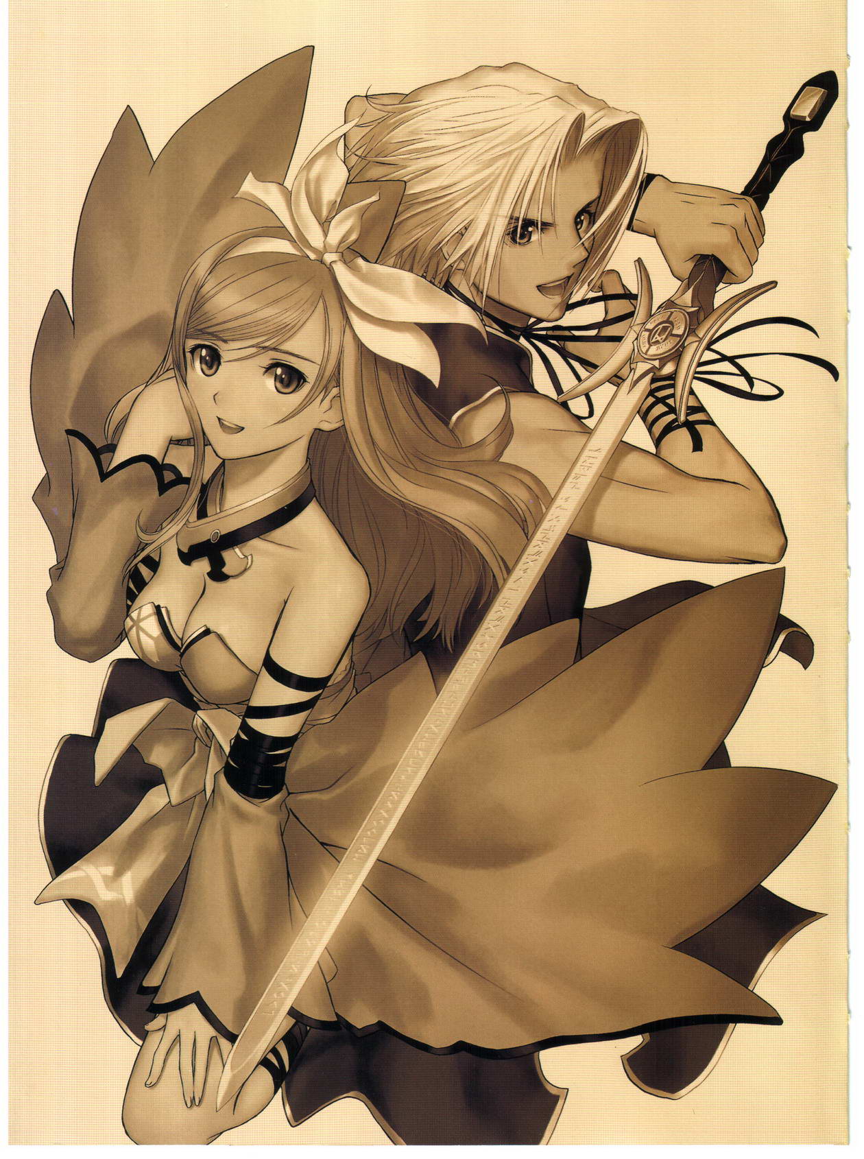 tony taka, akizuki souma, souma akizuki, touka kureha, sega, shining (series), shining wind, highres, 1boy, 1girl, monochrome, sepia, sword, weapon, yellow theme