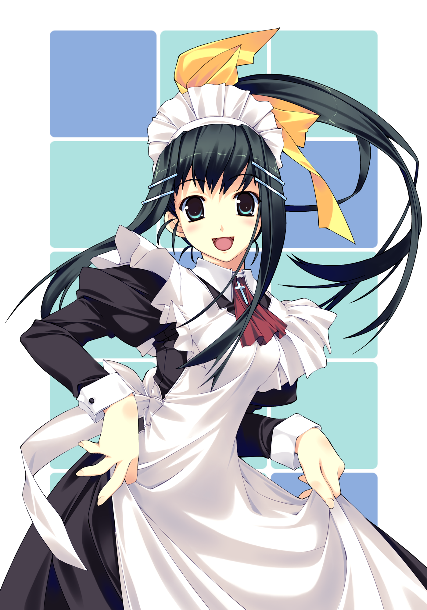 murakami suigun, highres, tagme, black hair, clothes pull, high ponytail, long hair, maid, ponytail, skirt, skirt pull, solo