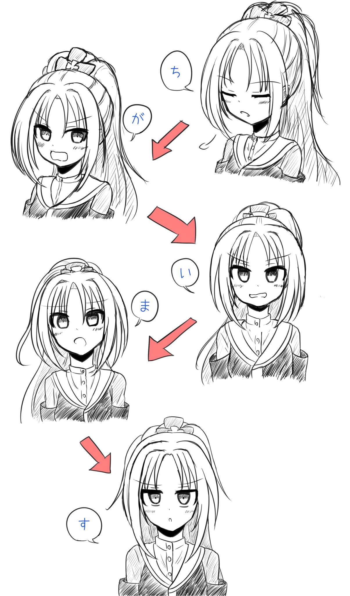 tomotake yoshino, senren banka, commentary request, highres, translated, 1girl, :o, arrow (symbol), blush, closed eyes, cropped torso, eyes visible through hair, frown, hair between eyes, jitome, long hair, looking at viewer, monochrome, multiple views, open mouth, ponytail, puff of air, school uniform, serafuku, sidelocks, simple background, sketch, speech bubble, umiasu, upper body, v-shaped eyebrows, white background
