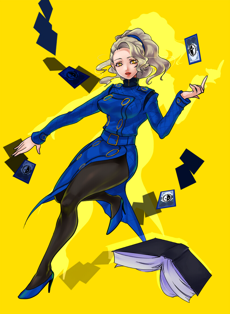 tamachi kuwa, margaret (persona), atlus, persona, persona 4, margaret, silver hair, 1girl, dress, female focus, high heels, lipstick, makeup, pantyhose, shoes, solo, yellow eyes