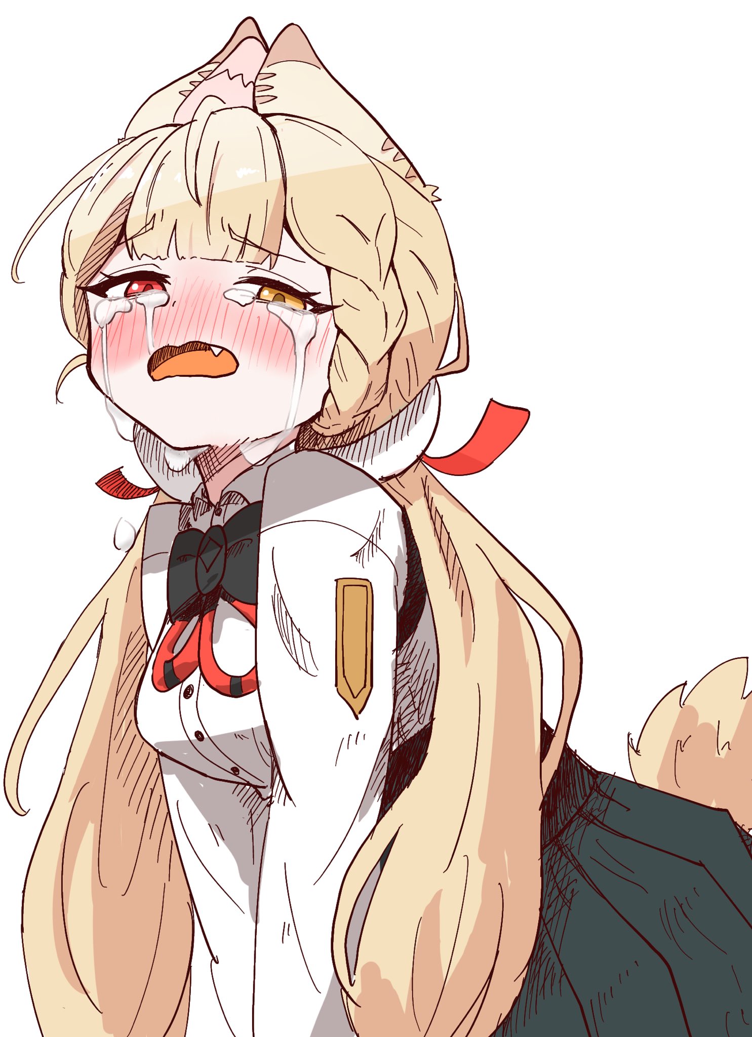 kesiutu, alice thymefield, zenless zone zero, braided twintails, highres, 1girl, animal ears, blonde hair, braid, breasts, hair ornament, hearing aid, heterochromia, large breasts, long hair, looking at viewer, low twintails, rabbit ears, rabbit girl, red eyes, shirt, solo, sphere hair ornament, twintails, white shirt, yellow eyes