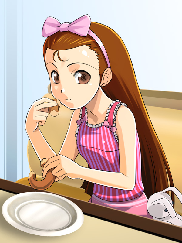 muhi11234, minase iori, idolmaster, idolmaster (classic), idolmaster 1, krispy kreme, 00s, 1girl, bow, brown eyes, brown hair, donut, eating, female focus, food, hairband, long hair, rabbit, sleeveless, solo, stuffed animal, stuffed rabbit, stuffed toy