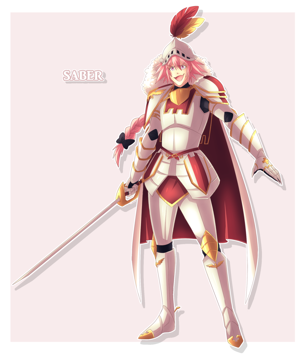 hiffuu, astolfo (fate), fate/apocrypha, fate (series), highres, 1boy, adapted costume, alternate costume, androgynous, armor, black bow, bow, braid, cape, fang, full armor, full body, fur-trimmed cape, fur trim, gauntlets, gorget, hair bow, holding, holding sword, holding weapon, long hair, male focus, open mouth, pink hair, purple eyes, single braid, skin fang, smile, solo, standing, sword, tassets, two-sided cape, two-sided fabric, weapon, white armor, white cape