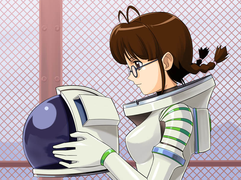 muhi11234, akizuki ritsuko, idolmaster, idolmaster (classic), 00s, 1girl, antenna hair, braid, brown eyes, brown hair, chain-link fence, female focus, fence, glasses, helmet, solo, spacesuit, twin braids