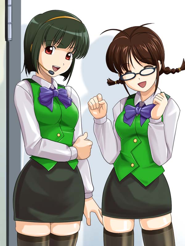 muhi11234, akizuki ritsuko, otonashi kotori, idolmaster, idolmaster (classic), idolmaster 1, uniform, 2girls, bow, braid, brown hair, closed eyes, cosplay, glasses, green hair, hairband, headset, multiple girls, otonashi kotori (cosplay), thighhighs, twin braids, zettai ryouiki
