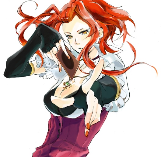 kuro (pixiv60110), izayoi aki, yu-gi-oh!, yu-gi-oh! 5d's, bad id, bad pixiv id, 00s, brown eyes, card, dress, elbow gloves, gloves, holding, holding card, jewelry, necklace, red hair, short hair, short hair with long locks, solo