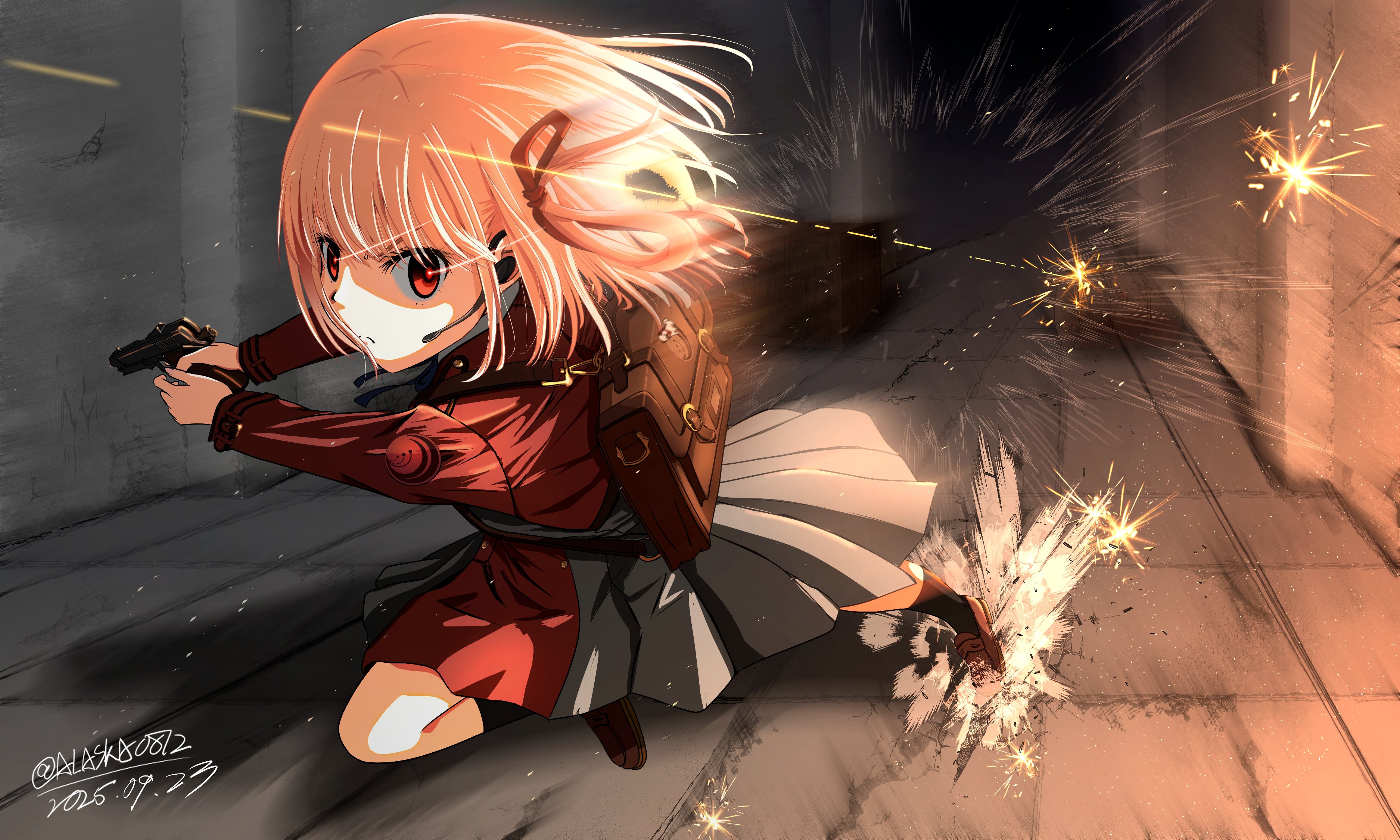 nishikigi chisato, lycoris recoil, absurdres, commentary request, highres, 1girl, alaska0812, blonde hair, brown bag, brown shoes, dress, gun, handgun, holding, holding gun, holding weapon, long sleeves, m1911, red dress, red eyes, serious, shoes, short hair, solo, weapon