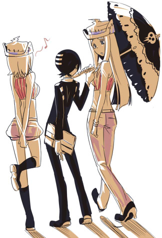 shuri (84k), death the kid, elizabeth thompson, patricia thompson, soul eater, black footwear, lowres, 00s, 1boy, 2girls, arm at side, arms behind back, back, black hair, black pants, blue eyes, boots, breasts, carrying over shoulder, crop top, eighth note, from behind, hat, high heels, holding, holding umbrella, humming, knee boots, large breasts, leg up, legs apart, long hair, long sleeves, looking at another, matching outfits, midriff, multiple girls, musical note, own hands together, pants, parasol, pointing, shadow, shoe soles, short hair, shorts, siblings, simple background, sisters, skull print, sleeveless, standing, standing on one leg, umbrella, v arms, walking, white background
