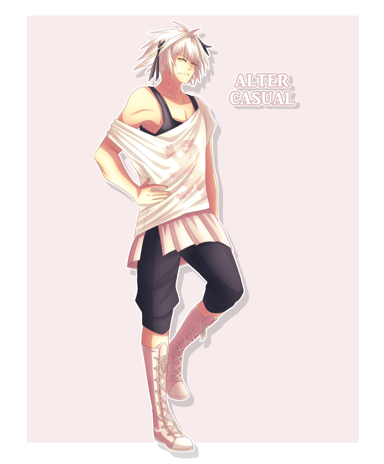 hiffuu, astolfo (fate), fate/apocrypha, fate/grand order, fate (series), highres, 1boy, alter servant, androgynous, black hair, black shorts, black tank top, boots, casual, closed mouth, fang, full body, hair intakes, hair ribbon, hand on own hip, lace-up boots, male focus, multicolored hair, pectoral cleavage, pectorals, ribbon, short hair, shorts, skin fang, solo, standing, streaked hair, tank top, white hair, yellow eyes