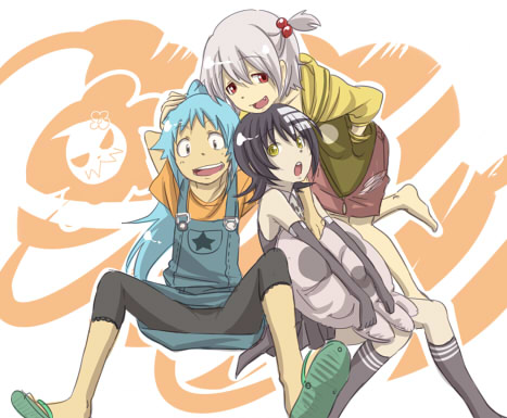 shuri (84k), black star, death the kid, soul evans, soul eater, gender request, lowres, 00s, 3girls, black hair, blue hair, fang, genderswap, gloves, hugging object, leggings, multiple girls, pillow, pillow hug, ponytail, red eyes, side ponytail, skirt, smile, white hair