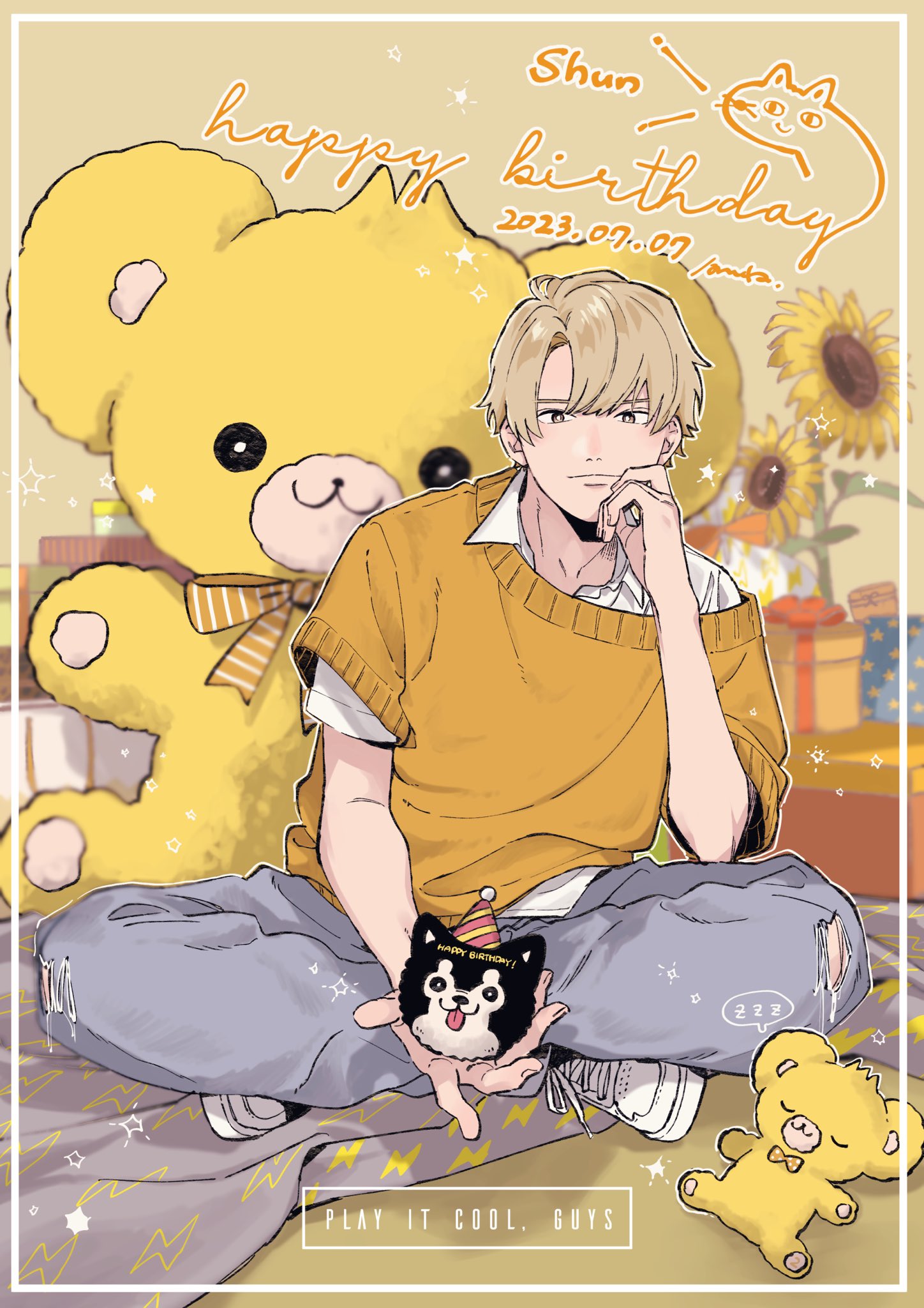 nata kokone, commentary, highres, 1boy, blonde hair, bow, box, bright pupils, character name, closed eyes, closed mouth, collared shirt, cool doji danshi, copyright name, dated, flower, full body, futami shun, gift, gift box, hand up, happy birthday, hat, holding, holding stuffed toy, indian style, lightning bolt print, looking at viewer, male focus, pants, party hat, polka dot, polka dot bow, shirt, shoes, short hair, short sleeves, signature, sitting, solo, spoken zzz, stuffed animal, stuffed dog, stuffed toy, sunflower, teddy bear, tongue, tongue out, torn clothes, torn pants, white pupils, white shirt, white shoes, yellow eyes, zzz
